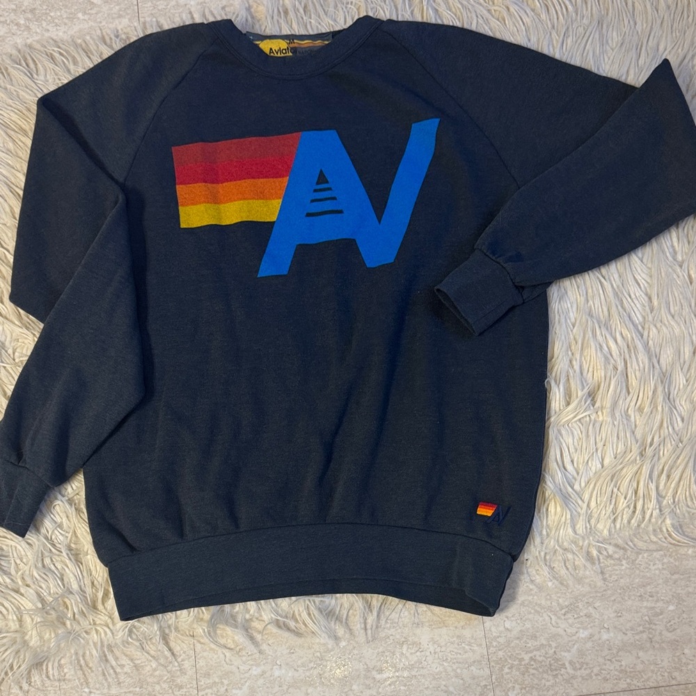 Aviator Nation charcoal Crewneck Sweater with Multicolor Logo NWOT-size M - Picture 1 of 4